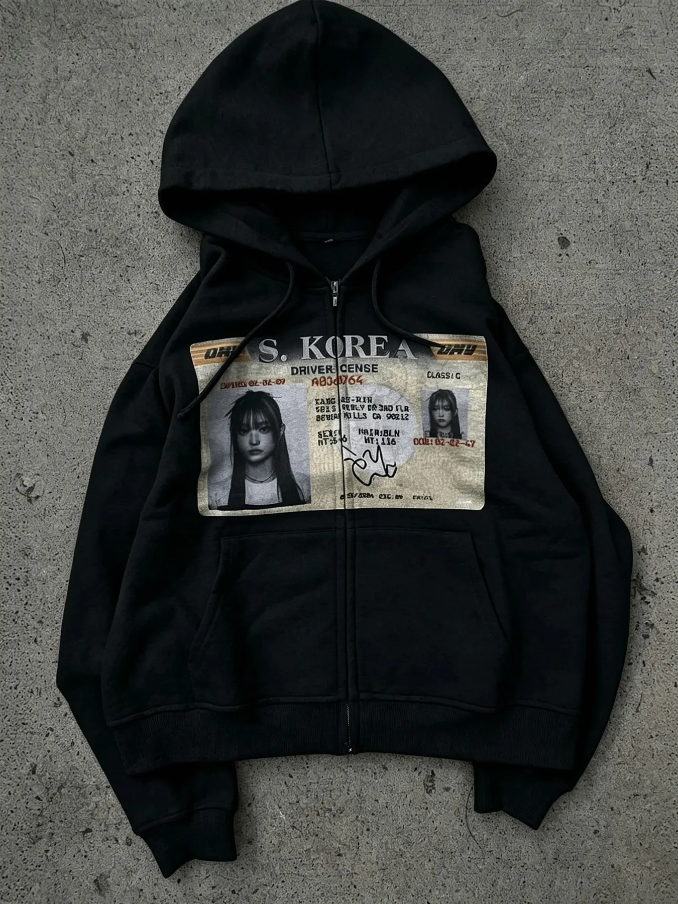 Men Oversized Zip‑Up Hoodie Korean Driver License Girl Portrait Print Y2K Streetwear Hooded Jacket