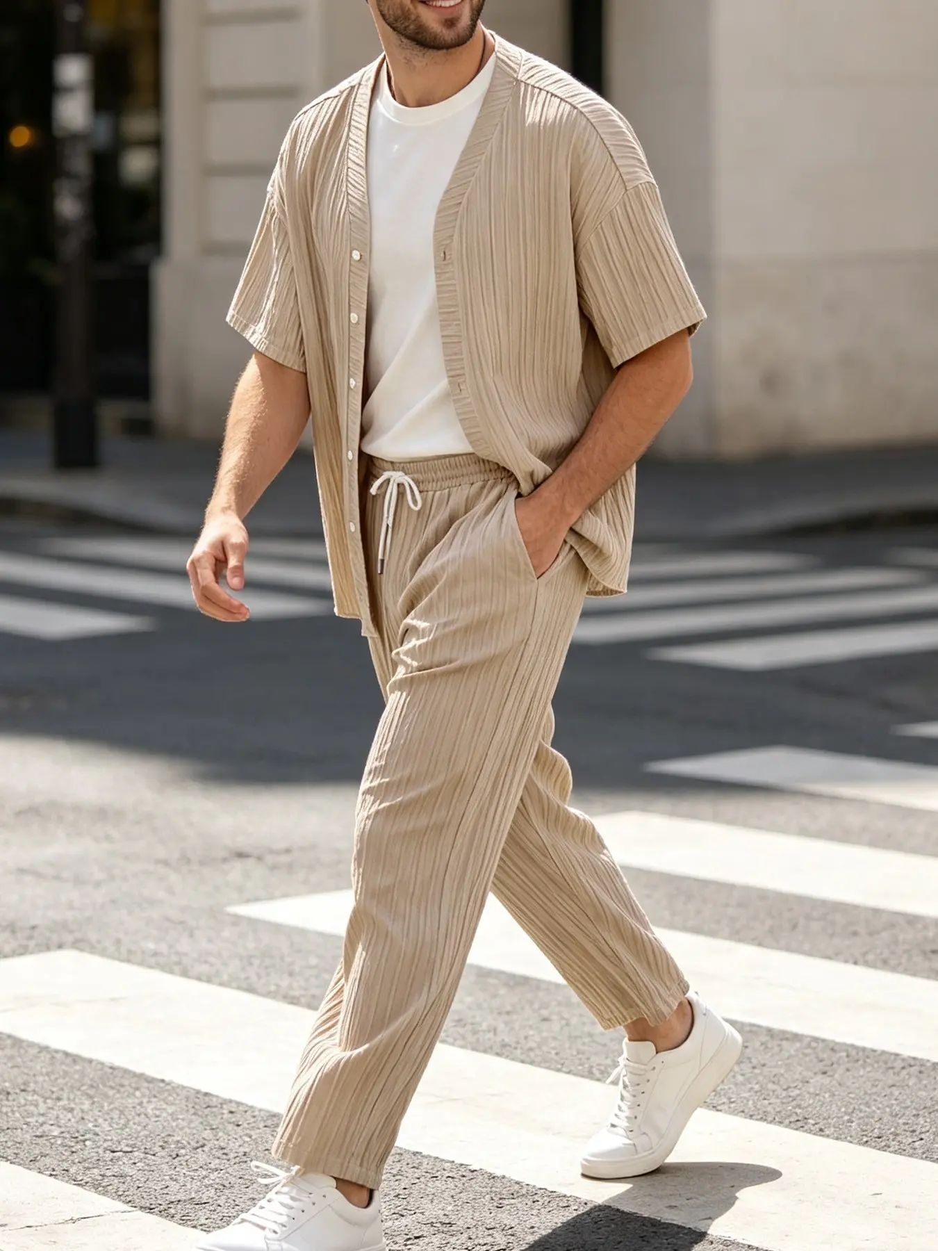 Men's 2-Piece Matching Loungewear Set, Khaki Vertical Pleated V-Neck Open Front Short Sleeve Shirt & Drawstring Straight Pants, Summer Solid Textured Outfit, Lightweight Breathable Fabric For Men Home Daily Commute Wear