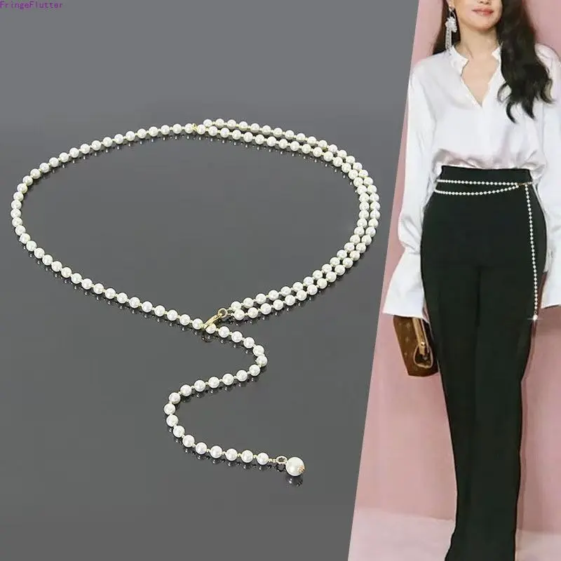Women’s Double-Layer Pearl Waist Chain - Bohemian Metal Chain Waistband with Pearl Accents, Elegant Party Wear & Everyday Use Dress Accessory