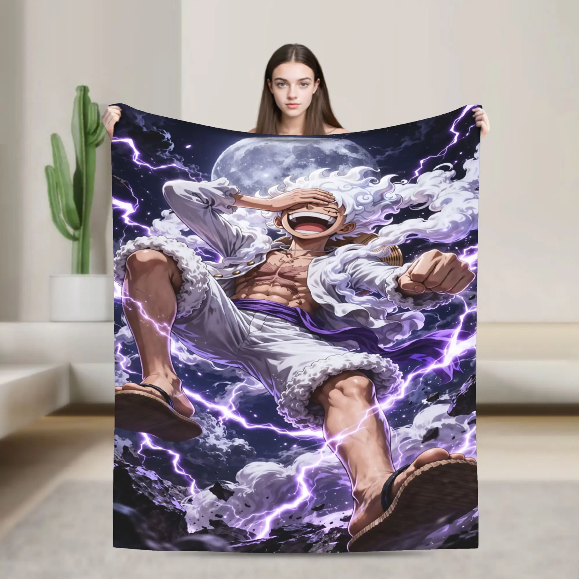 One Piece Luffy Gear 5 Flannel Blanket, Warm Lightweight Throw Blanket with Sun God Nika Design