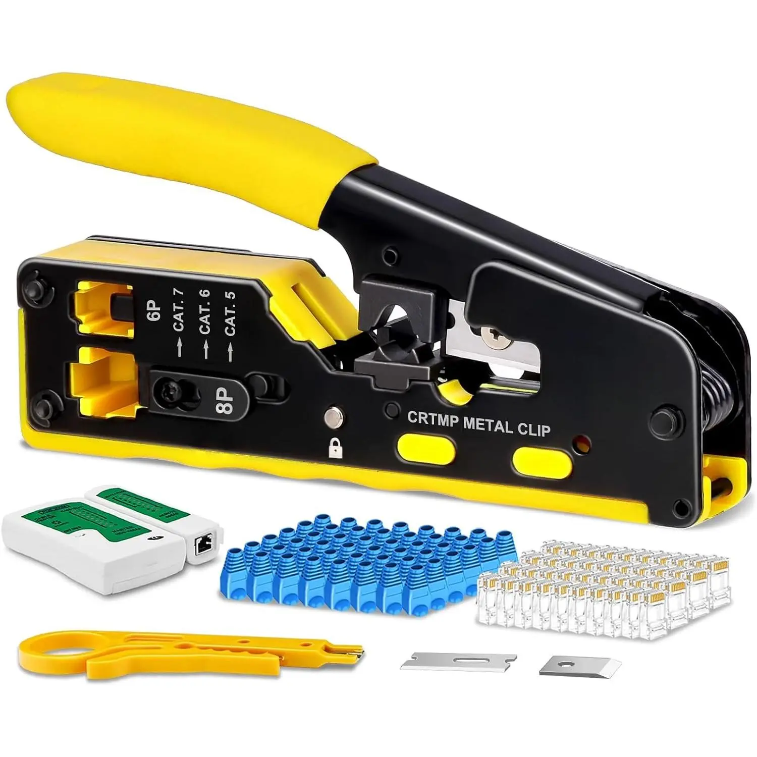 Pass Through RJ45 Crimp Tool Kit -in- Ethernet  Cat7 Cat6 Cat5 Crimping Tool with Network  Tester, 50-Pack Cat6 RJ45 Pass Through Connector, 50-Pack Connector Boots