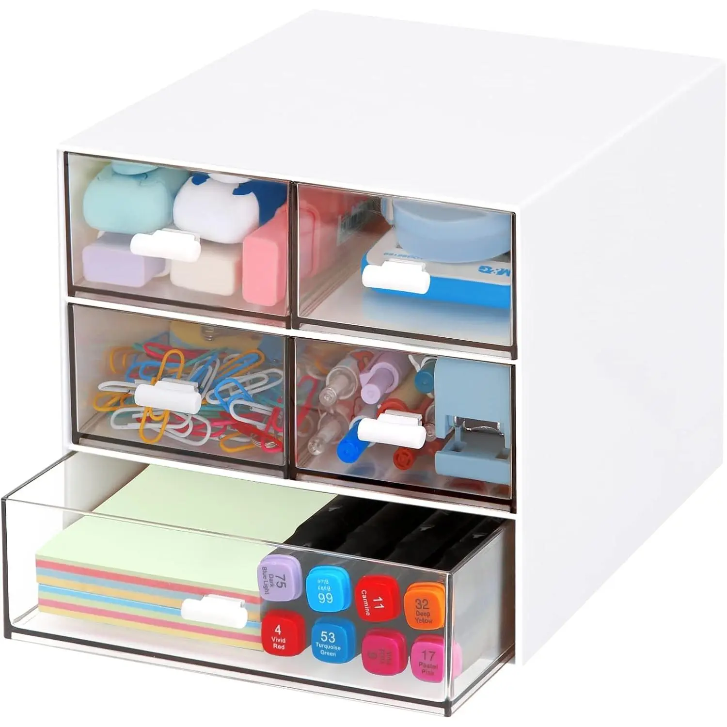 5-Drawer Rectangular Desk Organizer, Plastic Makeup and Stationery Storage for Office, School, Home - White