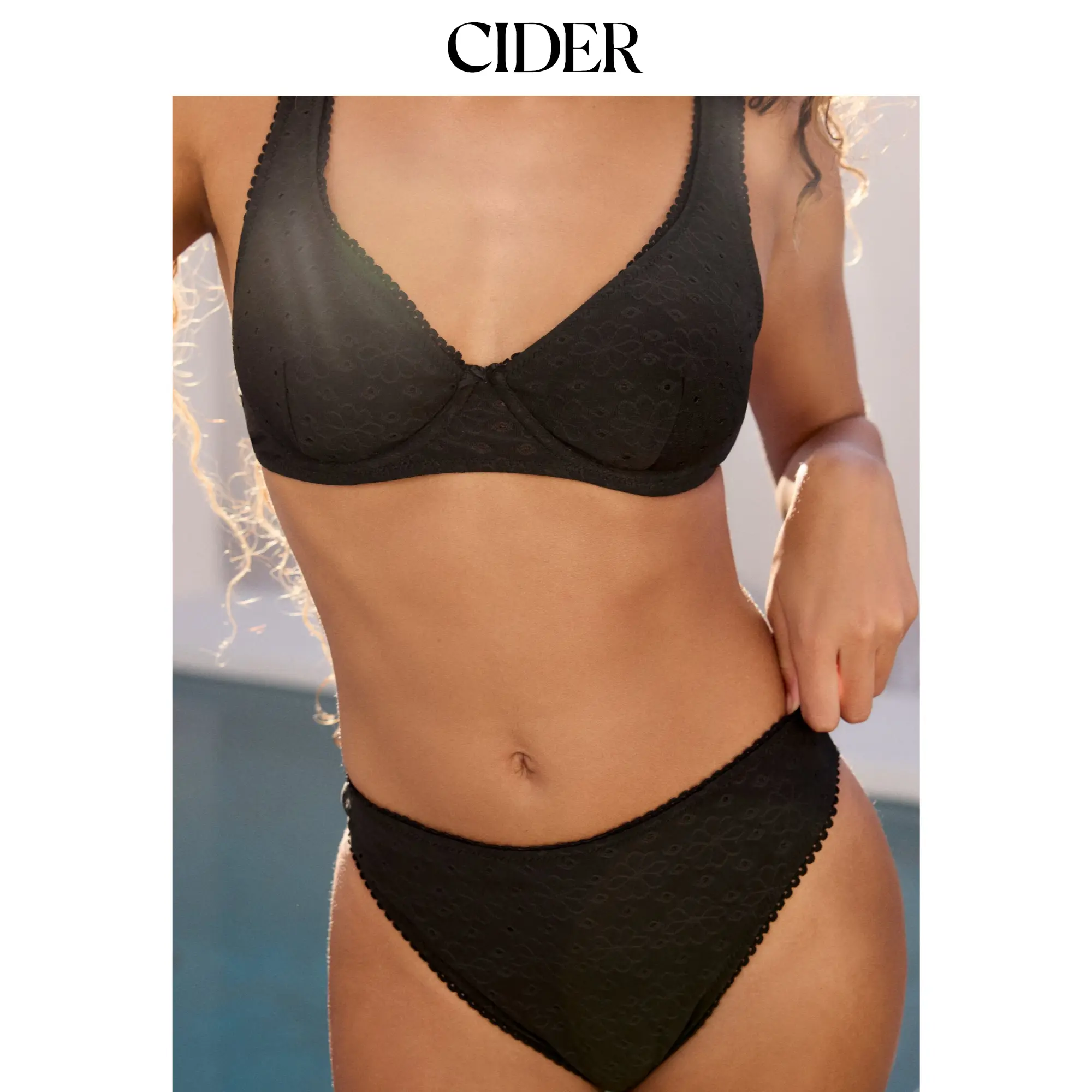 Cider V-neck Lace Trim Broderie Anglaise Underwire Cheeky Bikini Set