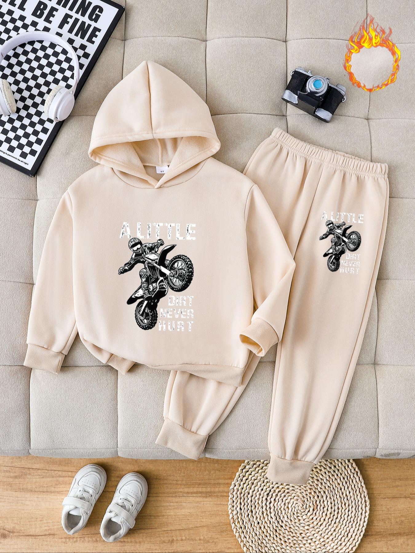 Boys' Fall & Winter Fashion Hooded Sweatshirt Set Hoodies, Thick Anime Motorcycle Print Pullover, Casual Fitted Pants, Perfect Outdoor Wear
