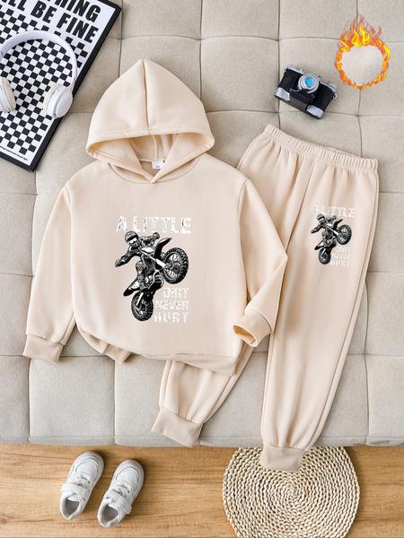Boys' Fall & Winter Fashion Hooded Sweatshirt Set, Thick Anime Motorcycle Print Pullover, Casual Fitted Pants, Perfect Outdoor Wear Boys' Fall & Winter Fashion Hooded Sweatshirt Set, Thick Anime Motorcycle Print Pullover, Casual Fitted Pants, Perfect Outdoor Wear