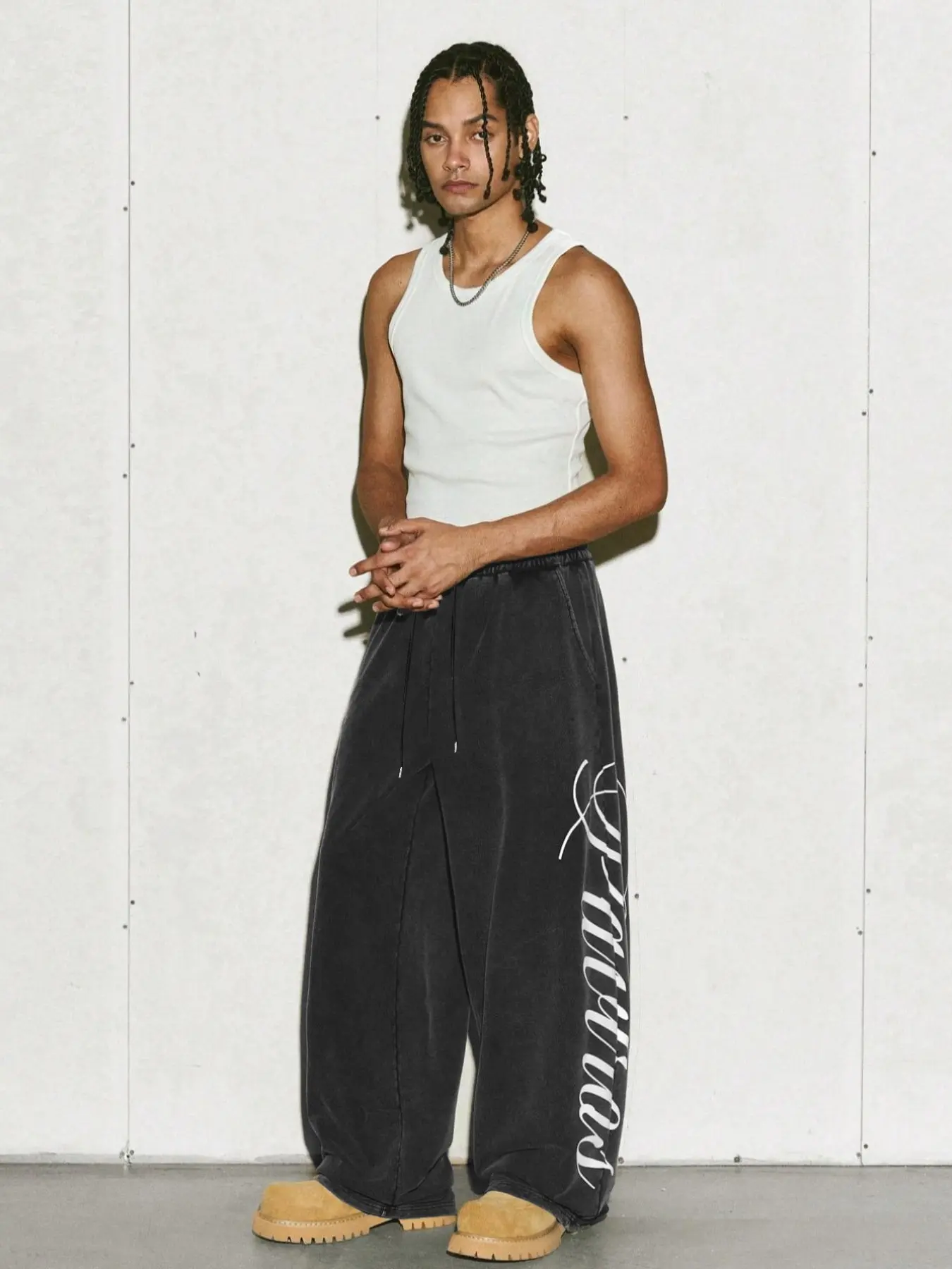 Men's Vintage Artistic Print Wide Leg Baggy Pants, Casual Knitted Joggers with Elastic Waist, Retro Style Streetwear for Autumn & Winter, Unisex Fashion Gift for Boyfriend