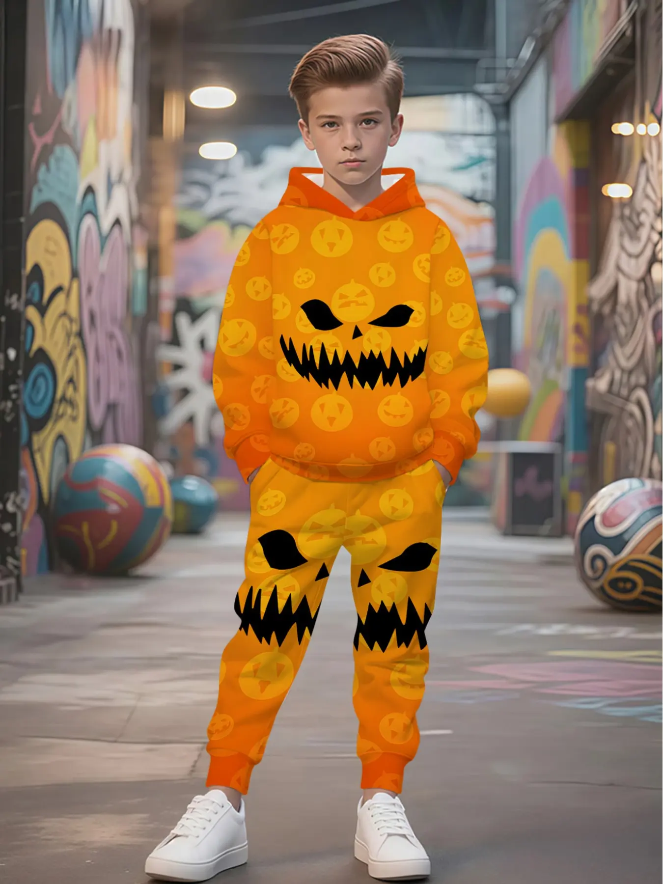 Boys' Halloween Costume Set, Pumpkin & Ghost Face Print, Fitted Streetwear, Two-Piece Hoodie Pants, Versatile