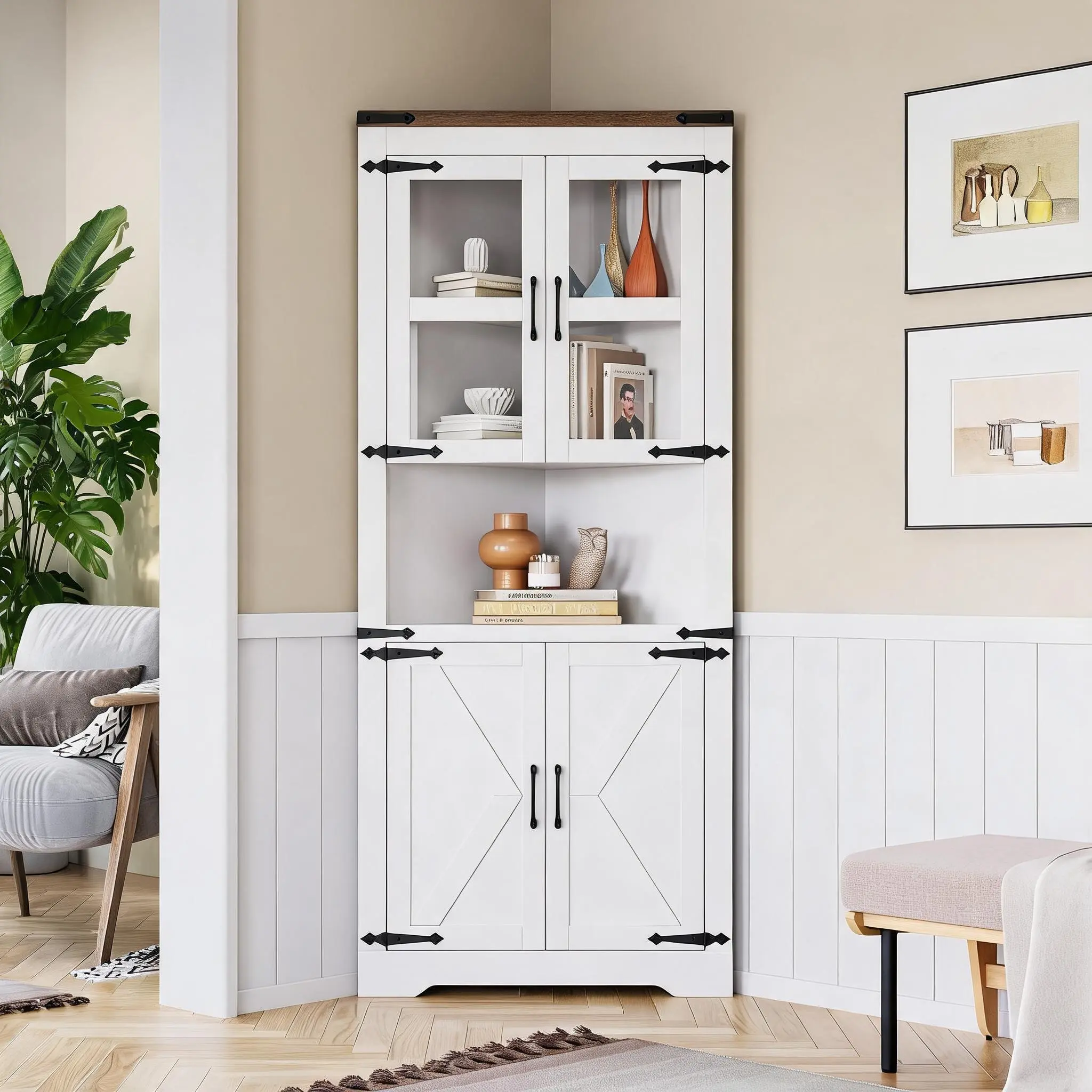 Space-Saving Tall Corner Storage Cabinet, 6-Tier Organizer Hutch with Adjustable Glass Shelves and Cabinet Doors, Multipurpose Furniture for Living Room, Kitchen, Bathroom & Hallway, Available in Washed Grey & Brown