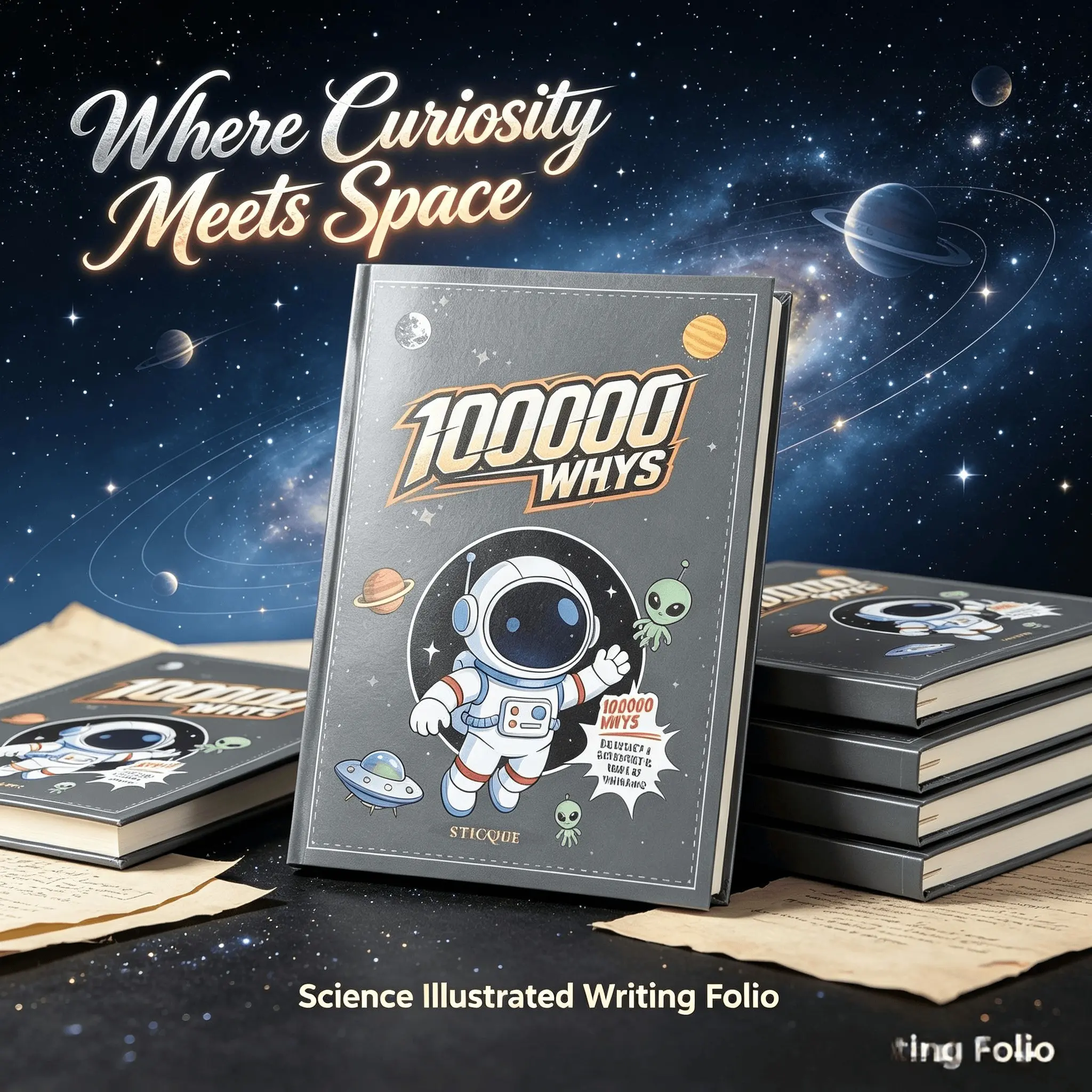 Space Astronaut Illustrated Writing Folio, Science Themed Full Color Print Stationery Journal, Fun Knowledge Record Pad for Office Note Taking