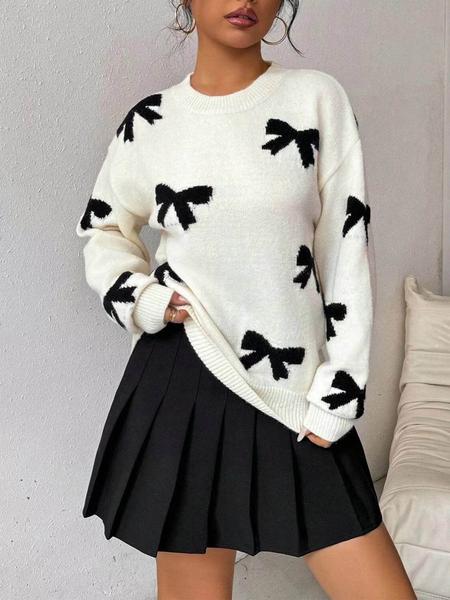 Fashion Bow Print Casual Loose Knitted Sweater Pullover Autumn/Winter Women Pullovers New Full Sleeve Knitwear