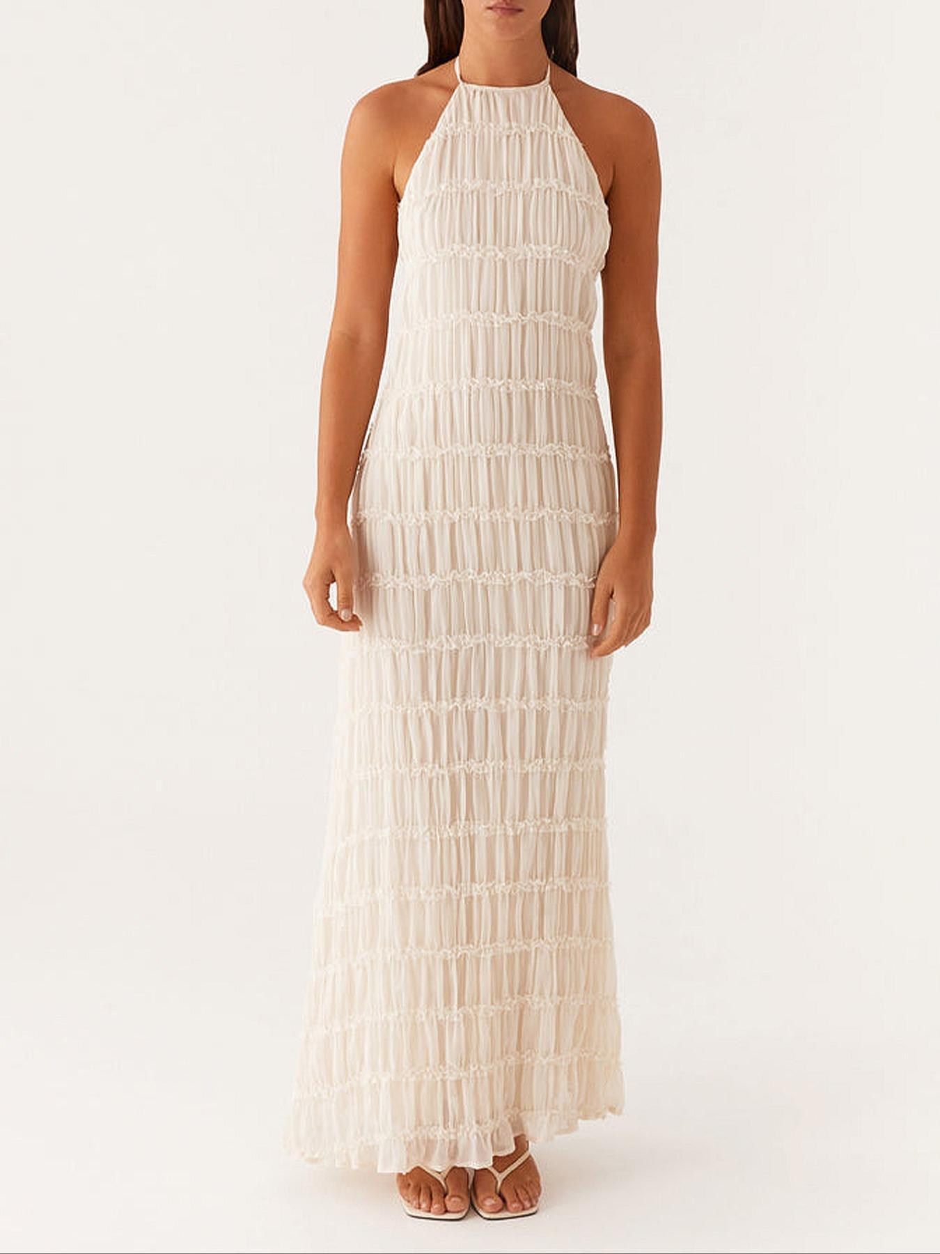 Women's Elegant Backless Halter Sleeveless Maxi Dress Fit, Stylish Womenswear Beach Vacation Dress for Summer, Romantic Casual Evening Wear