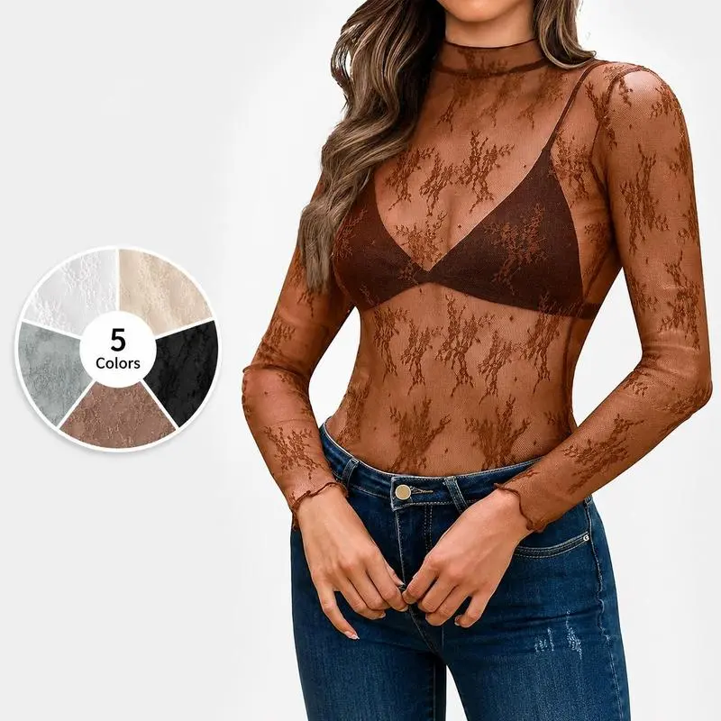 Women's Sexy Mesh Fabric Long Sleeve Clothes - O-Neck/Mock Neck Sheer Tops, Transparent Lace Blouse, Crop Top with Lace Hem, Fit for Sports & Outdoor Activities, TikTok Shop Spring Style