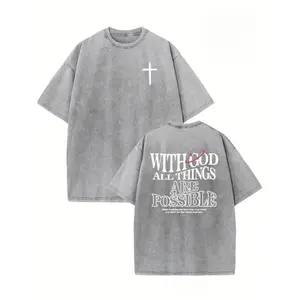 Men's Heavyweight  Cotton Vintage Washed T-Shirt - Dual-Sided "with God All Things Possible" & Cross Print, Loose Fit Hip Hop Streetwear, Round Neck Short Sleeve Casual Tee for Casual Attire, Ribbed Neckline Shirt # Summervibes