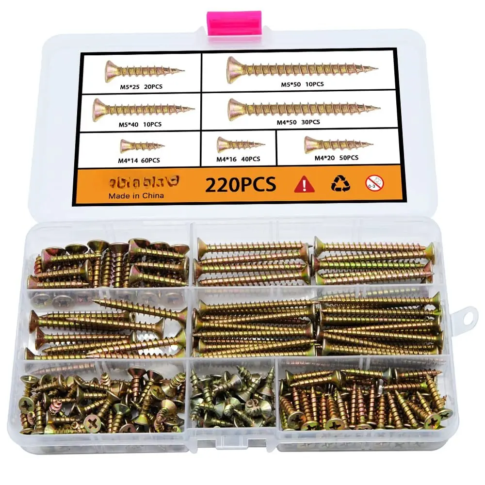 M4 Flat   Screws  Kit 340 count,Phillips Drive Countersunk Flat  Self-Tapping  Screws,Yellow Zinc Plated Finish Screw Kit,Self Tapping Screws for Metal,Full Thread