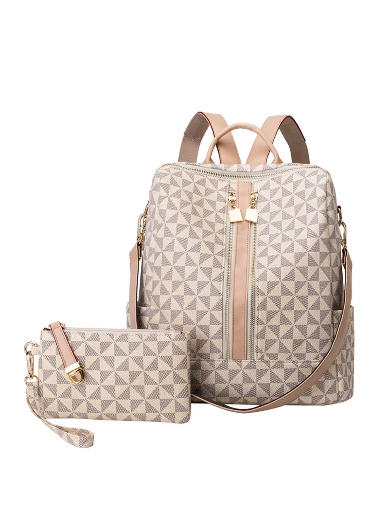 2-Pack Women's Backpack Set, Fashion Geometric Print Travel PU Bag, Includes File Folder & Makeup Pouch, Elegant All-Season Design