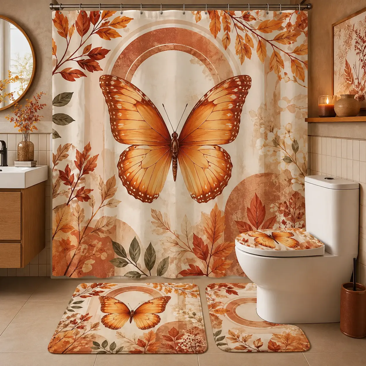 Pumpkin Fall Bathroom Accessories Set 4PCS Waterproof Shower Curtain Non Slip Bath Mat Toilet Lid Cover and U Shape Rug
