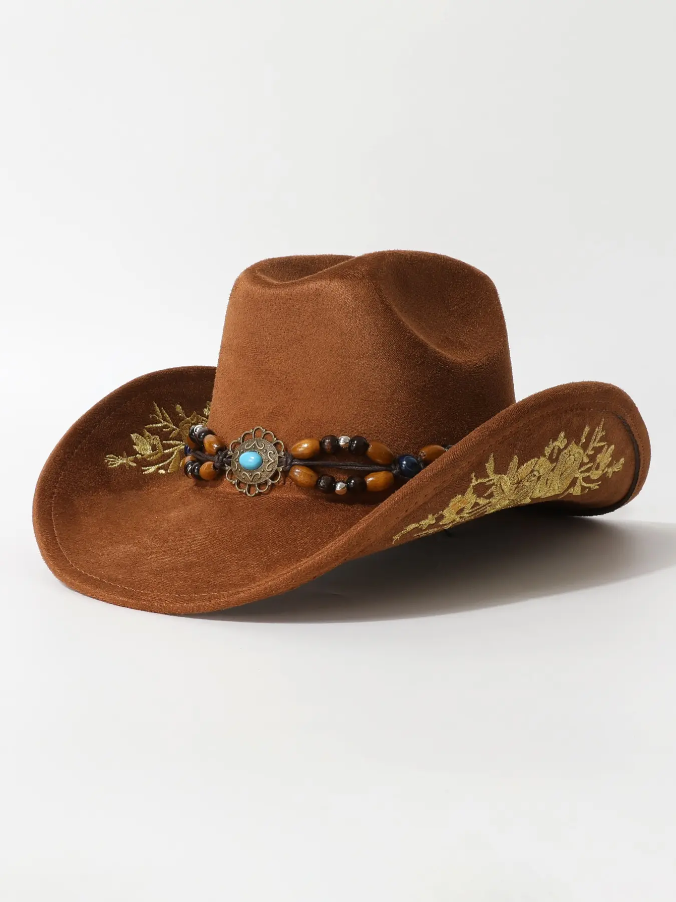 Unisex Ethnic Wood Bead Cowboy Hat, Embroidered Western Style, Fashionable Jazz Hat, Perfect for Daily Wear, Parties, Music Festivals