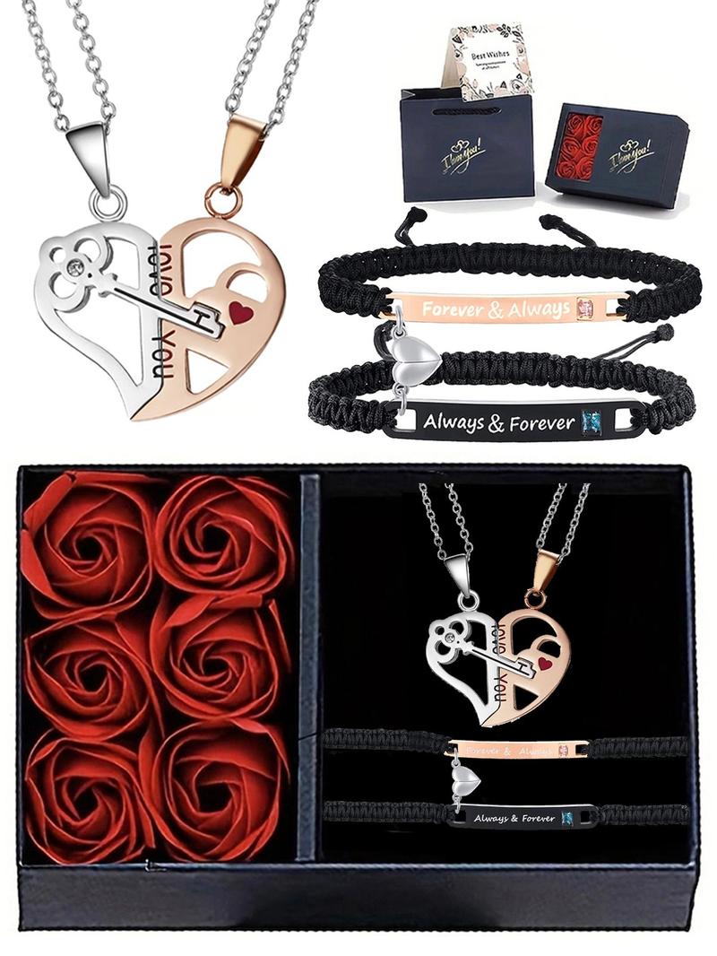 Valentine's Day Couple Jewelry Set with Rose Box, Including Rhinestones Decor Pendant Necklace & Heart Charm Bracelet, Adjustable Jewelry Set for Men & Women, Gift for Couple, Jewellery Gift Set, Mother's Day Gifts, Gift Set for Mothers, Gifts for Her