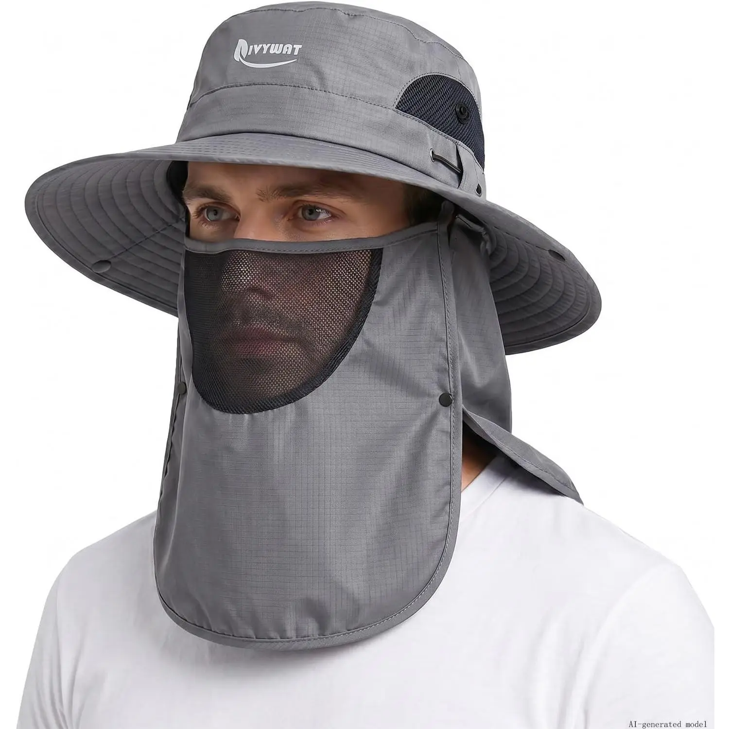 Unisex Casual Solid Wide Brim Bucket Hat - Waterproof, UV Protection Fishing Hat with Removable Face Cover & Neck Flap for Fishing Trips, Outdoor Sports, Removable Flap