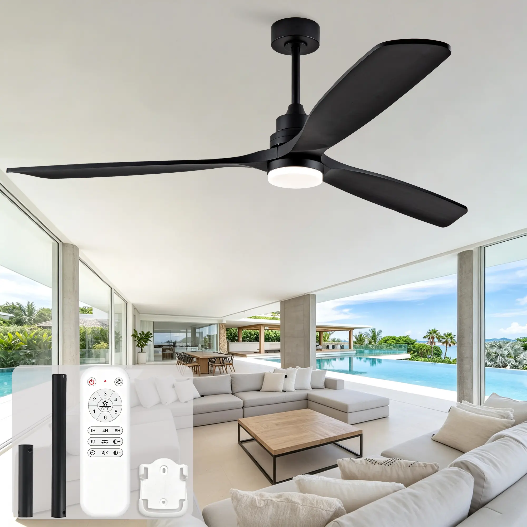 ARCH 70-Inch Black Solid Wood Three-Blade Propeller Ceiling Fan with Light, 3CCT Dimmable, Quiet Reversible DC Motor, Remote Control, Ideal for Large Living Room, Open-Concept Courtyard, Bedroom, Home Furniture and Household Product Search Terms