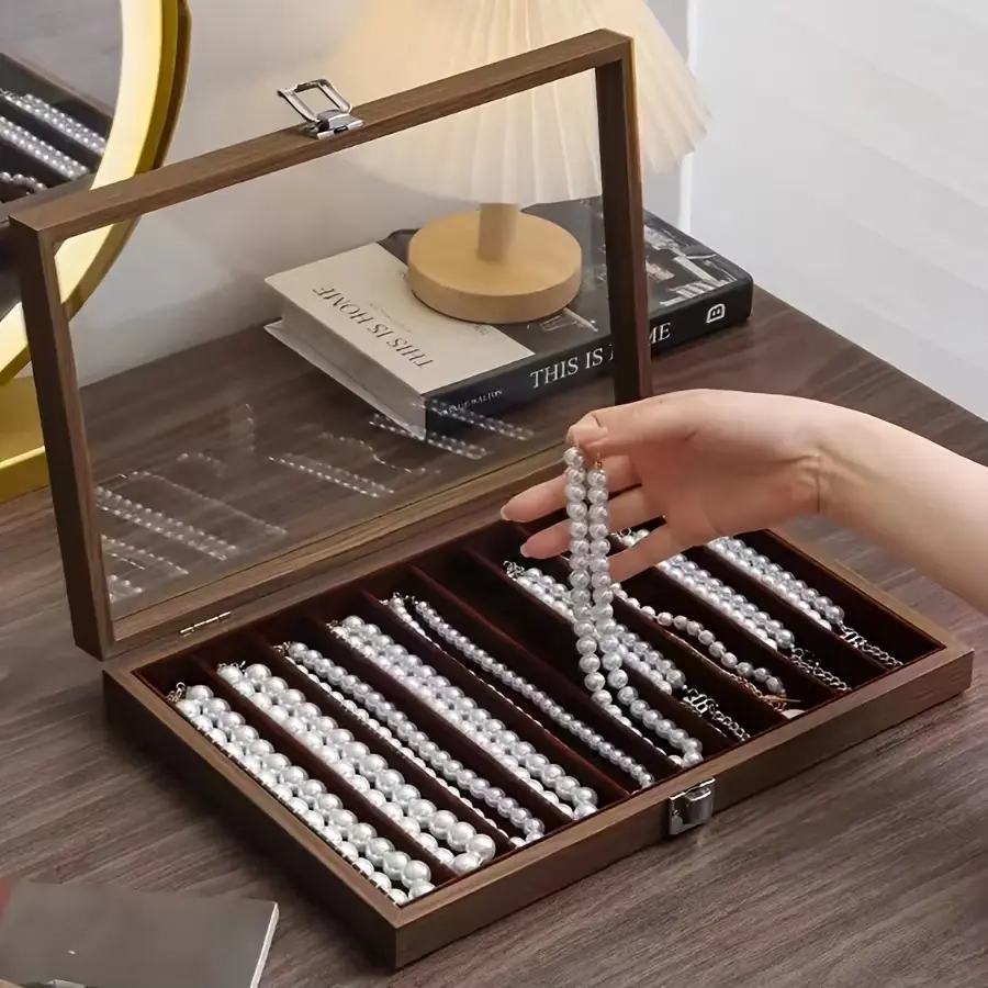 Wooden Necklace Jewelry Box with Clear Glass Lid, 8/10 Compartment Necklace Storage Tray, Anti-Tarnish Velvet Necklace Organizer Display Case for Long Chains, Pearl Necklaces, Bracelets