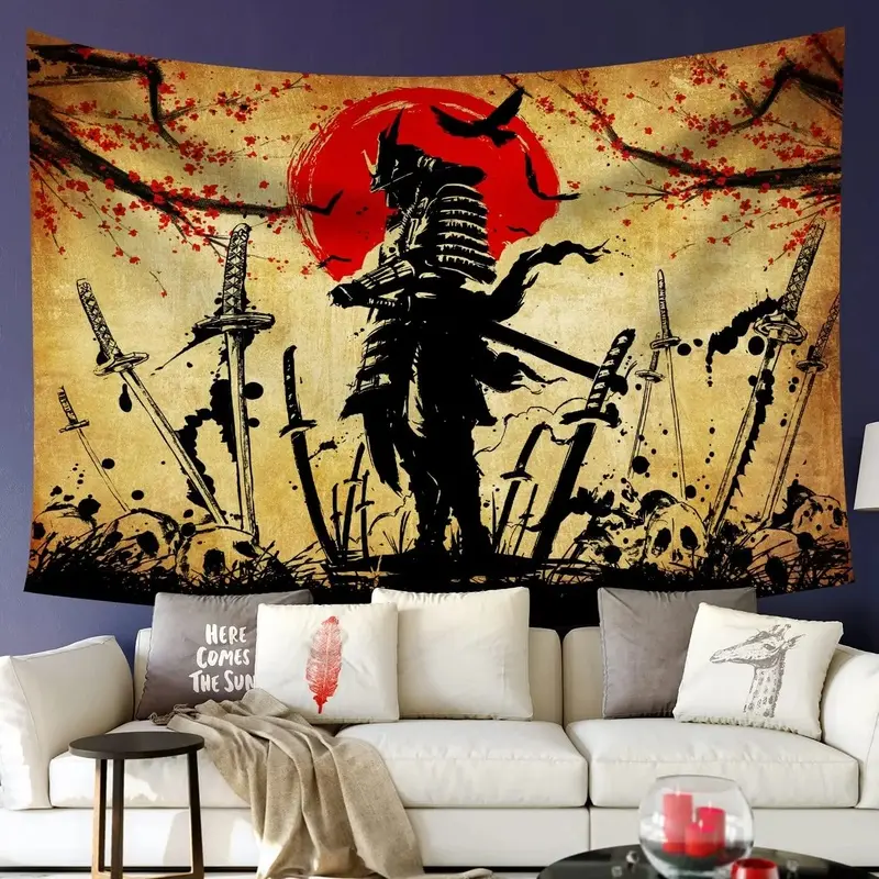 Japanese Katana Sword Tapestry Wall Hanging - 80x60in Cotton Anime Samurai Sunset Warrior Cherry Blossom Indoor Home Decor Art, Lightweight Room Decor for Bedroom Living Room