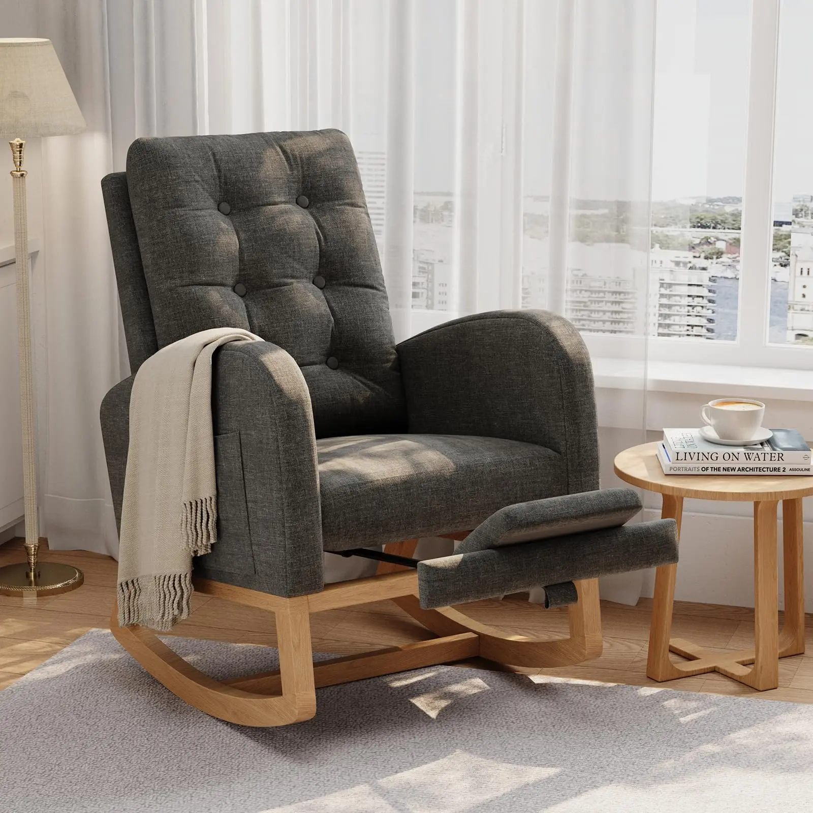 Nursery Rocking Chair with Adjustable Footrest, High Back Glider Chair with Wooden Legs, Breathable PU Leather or Soft Fleece Upholstered Rocking Chair for Living Room, Bedroom