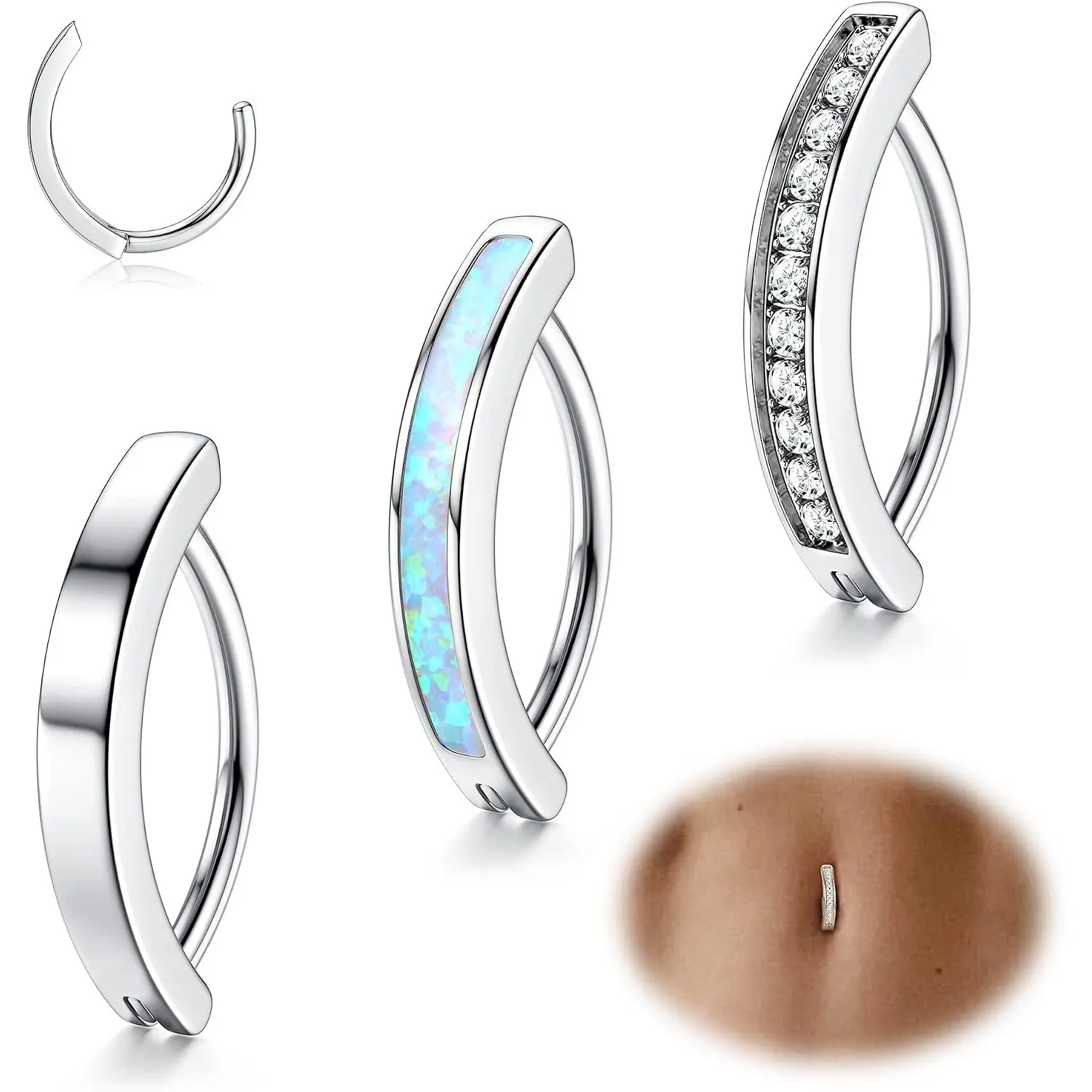 3 Pcs 14G Belly Button Clicker Rings for Women, Surgical Steel CZ Cat's Eye Belly Rings, Simple Reverse Belly Button Rings, Navel Piercing Body Jewelry 12mm Silver