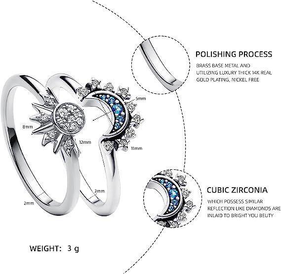 European American Simple Shiny Sun Moon Blue Inlaid Crystal Celestial Couple Stackable Ring Set