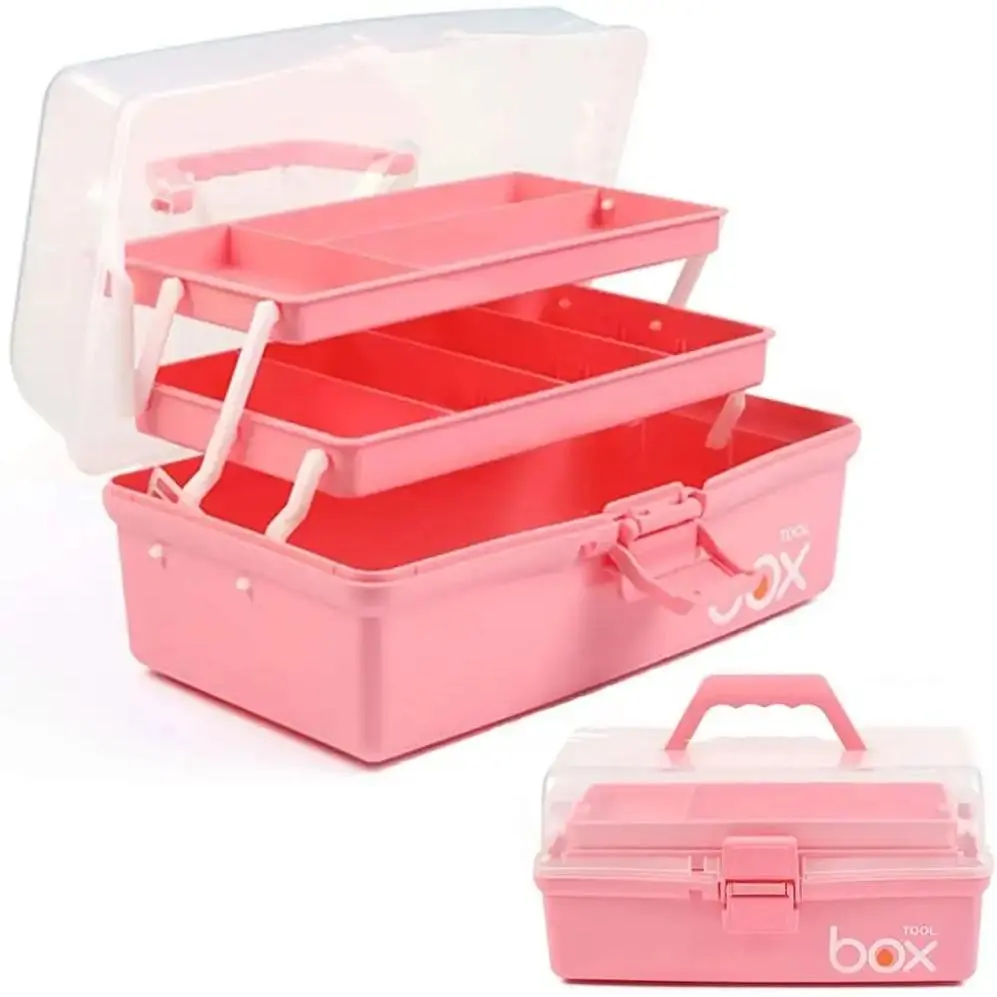 12in 3-Layer Craft Organizers and, Folding Tackle Box with Handle & Dividers, Multipurpose Case for Sewing, Art Supplies, Medicine, (Pink)
