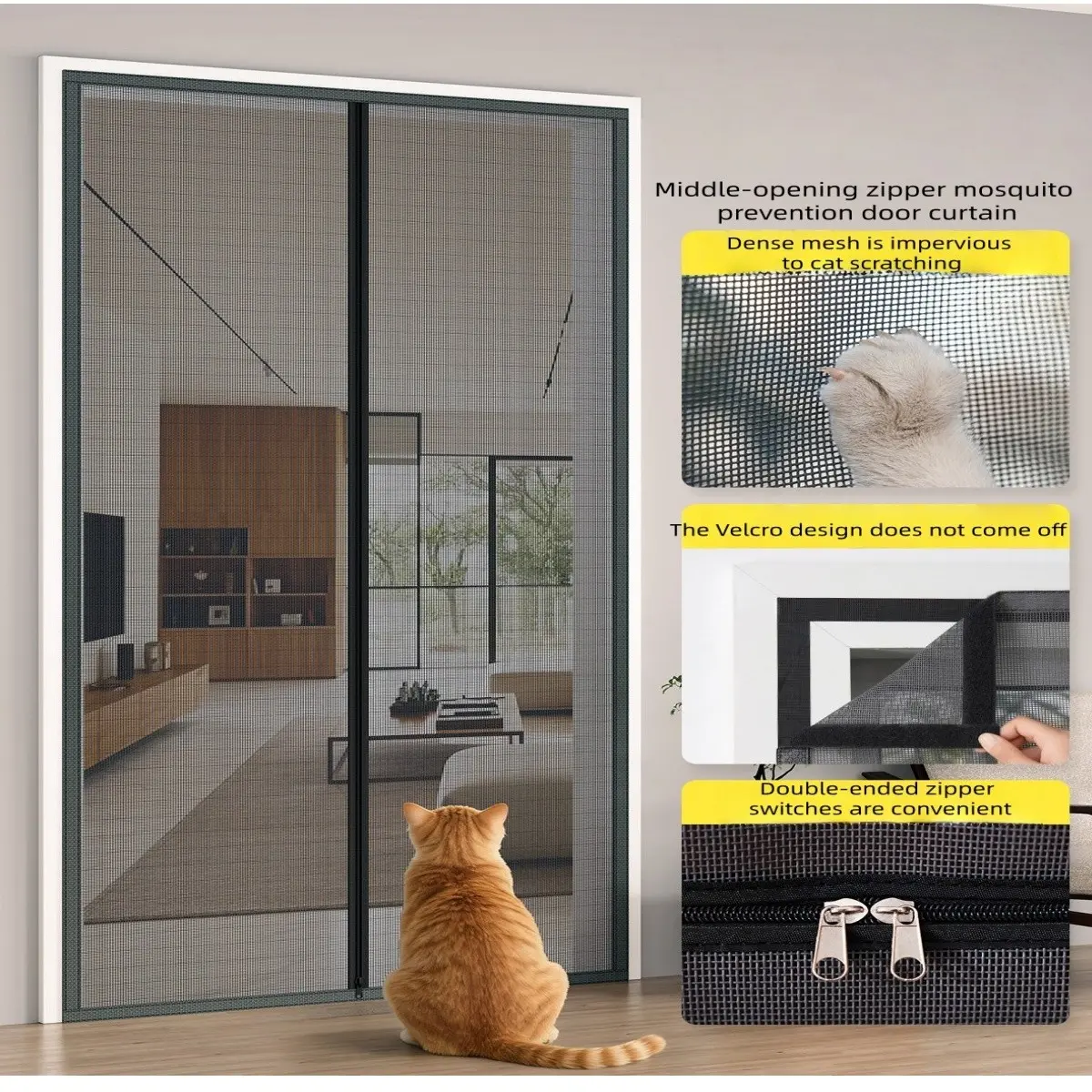 Zipper Mosquito Screen Door, High Transparency Encrypted Mesh, Home Bedroom Balcony Insect Proof, Simple Frame Design