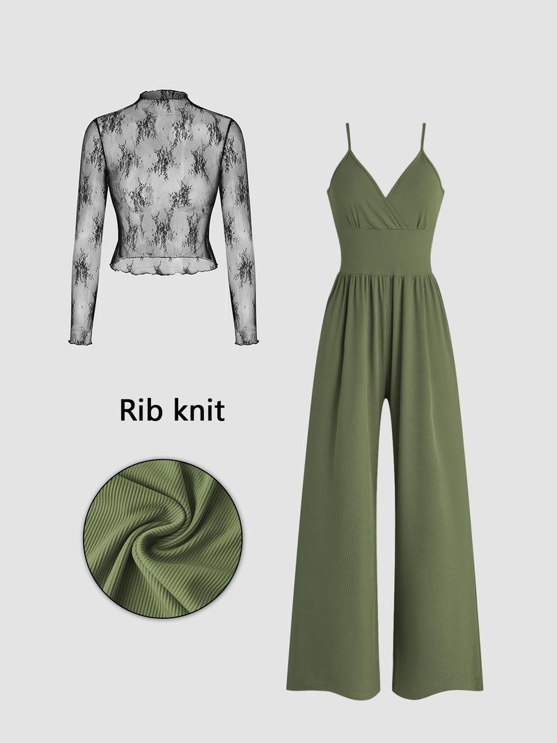 Women's Solid Lace Tee & Pocket Overalls Jumpsuit Set, Elegant Zipper Back Cami Jumpsuit & Long Sleeve Top for Daily Outdoor Wear, Women's Clothing for Spring & Fall, Matching Set Outfit, Womenswear Women's Solid Lace Tee & Pocket Overalls Jumpsuit Set, Elegant Zipper Back Cami Jumpsuit & Long Sleeve Top for Daily Outdoor Wear, Women's Clothing for Spring & Fall, Matching Set Outfit, Womenswear