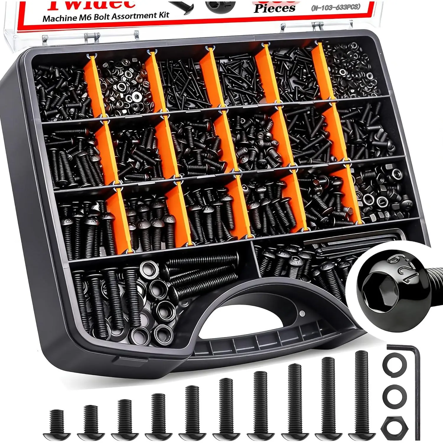 /633PCS M6 Bolt  Kit 12.9 Grade M6x10/12/14/16/20/25/30/35/40/45mm Button  Hex Socket Cap Screws Metric  Nuts Washer  Kit Black Alloy Steel N-103-633PCS