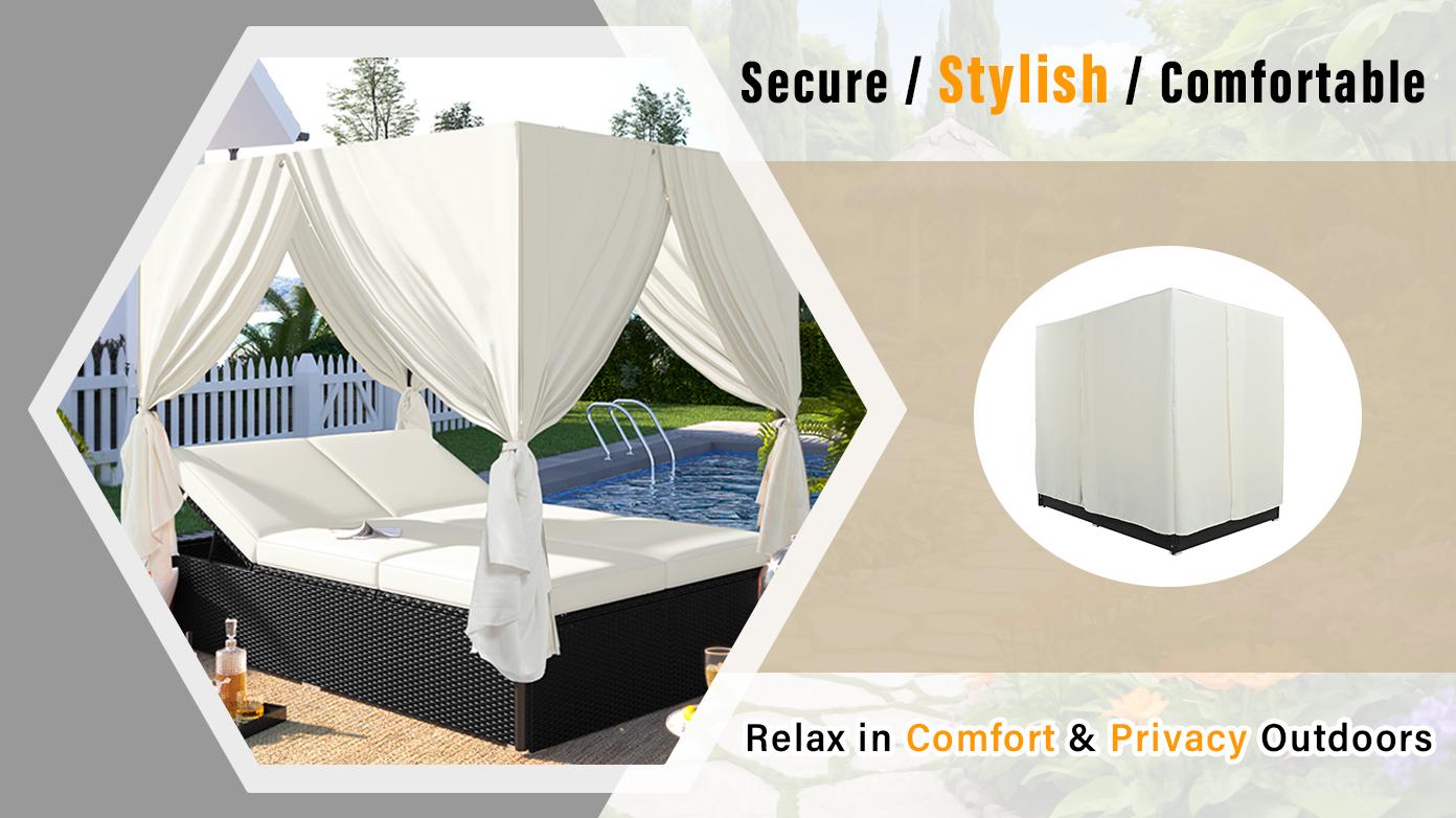 Patio Chaise Lounge, PE Rattan Outdoor Patio Wicker Sunbed Daybed with Adjustable Seats, Four-sided Canopy, Overhead Curtain and Beige Cushions for Backyard, Garden, Poolside (for 2-6 people)