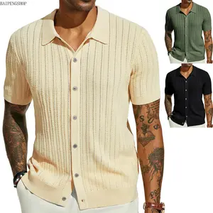 2026 European American Style Men's Open Knit Short Sleeve Shirt, Solid Color Turn Down Collar Breathable Hollow Knit Casual Top, Lightweight Cool Summer Menswear for Daily Outings Beach Vacation Streetwear