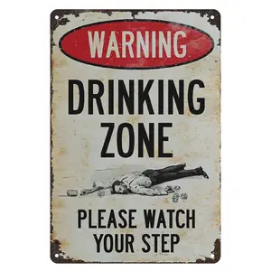 WARNING Drinking Zone Please Watch Your Step Funny Slogan Metal Sign 8"×12", Vintage Rusty Distressed Aluminum Wall Plaque Novelty Gift for Men Bar Pub Garage Basement Bedroom Decor backyard