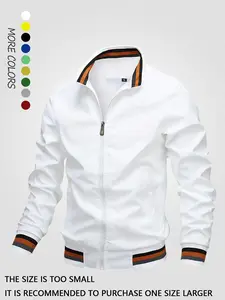 Men's Striped Trim Zip Up Varsity Jacket, Regular Fit Long Sleeve Pocket Baseball Jacket, Windbreaker Bomber Jacket, National Day Clothing, Men's Spring Clothing