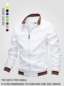men's striped trim zip up jacket, sport streetwear long sleeve pocket jacket, windbreaker bomber jacket, men's fall clothing for daily wear, men's clothing, menswear, longsleeves, activewear, coats