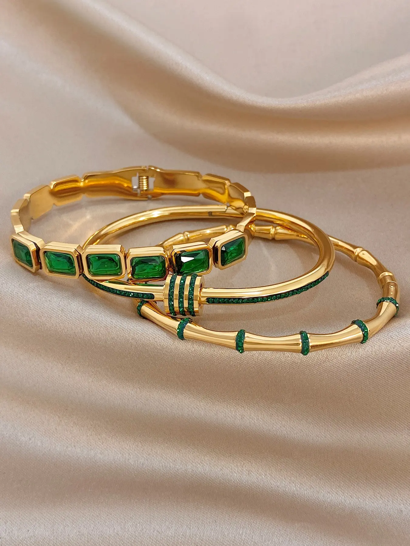 Chunky Emerald Green Stone Bamboo Ribbed Bangle Bracelet Set, Fashion Jewelry for Women, Clean Girl Aesthetic Jewelry for Birthday Gift, Perfect for Summer Beach Vacation & Dinner Gala Wear