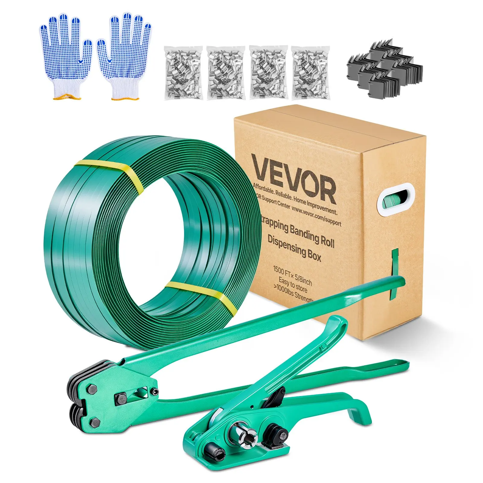VEVOR Banding Strapping Kit, Heavy Duty Banding Sealer Tool with 1500 ft PET Band, 450 Metal Seals, 150 Corner Protectors Gloves, Plastic Pallet Packaging Strapping Kit for Warehouse/Shipping/Moving