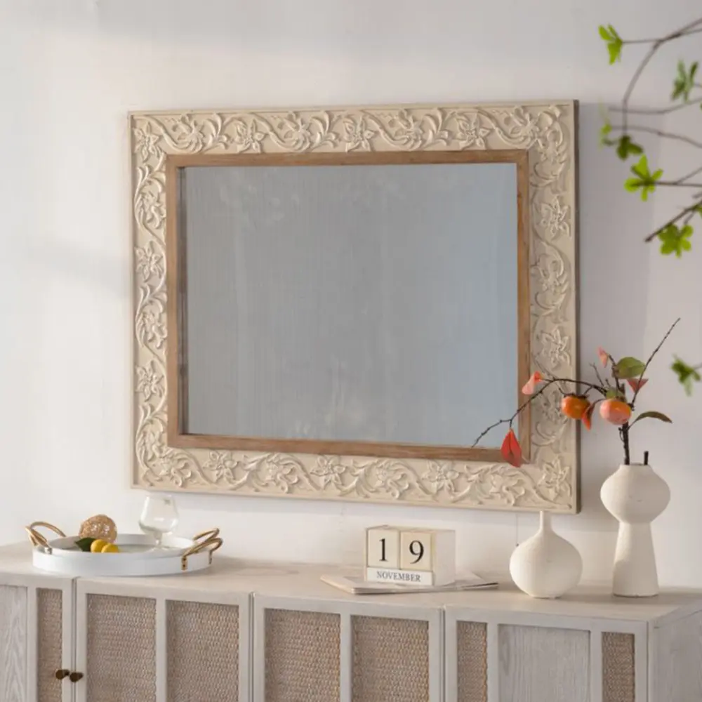 Vintage Rectangular Wall Mirror with Ornate Carved Pattern Frame, Decorative Antique Gold Accent Mirror, Retro Baroque Style Hanging Mirror for Living Room Bedroom Bathroom Entryway Home Decor, Elegant Wall Mounted Vanity Mirror