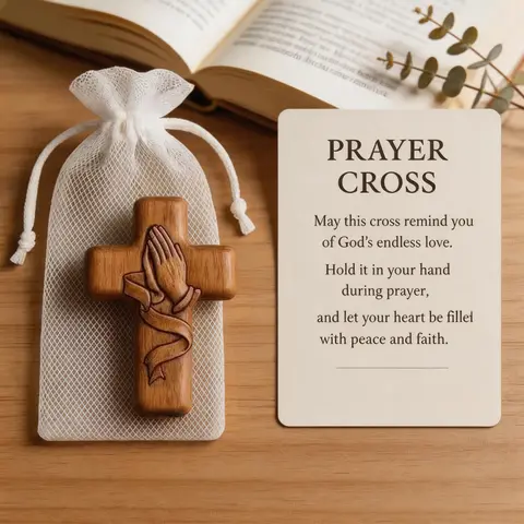 Wooden Prayer Hand 2D Cross with Inspirational Card, Faithful Silent Embrace, Desktop Decor, Religious Decoration for Prayers, Baptisms, Confirmations