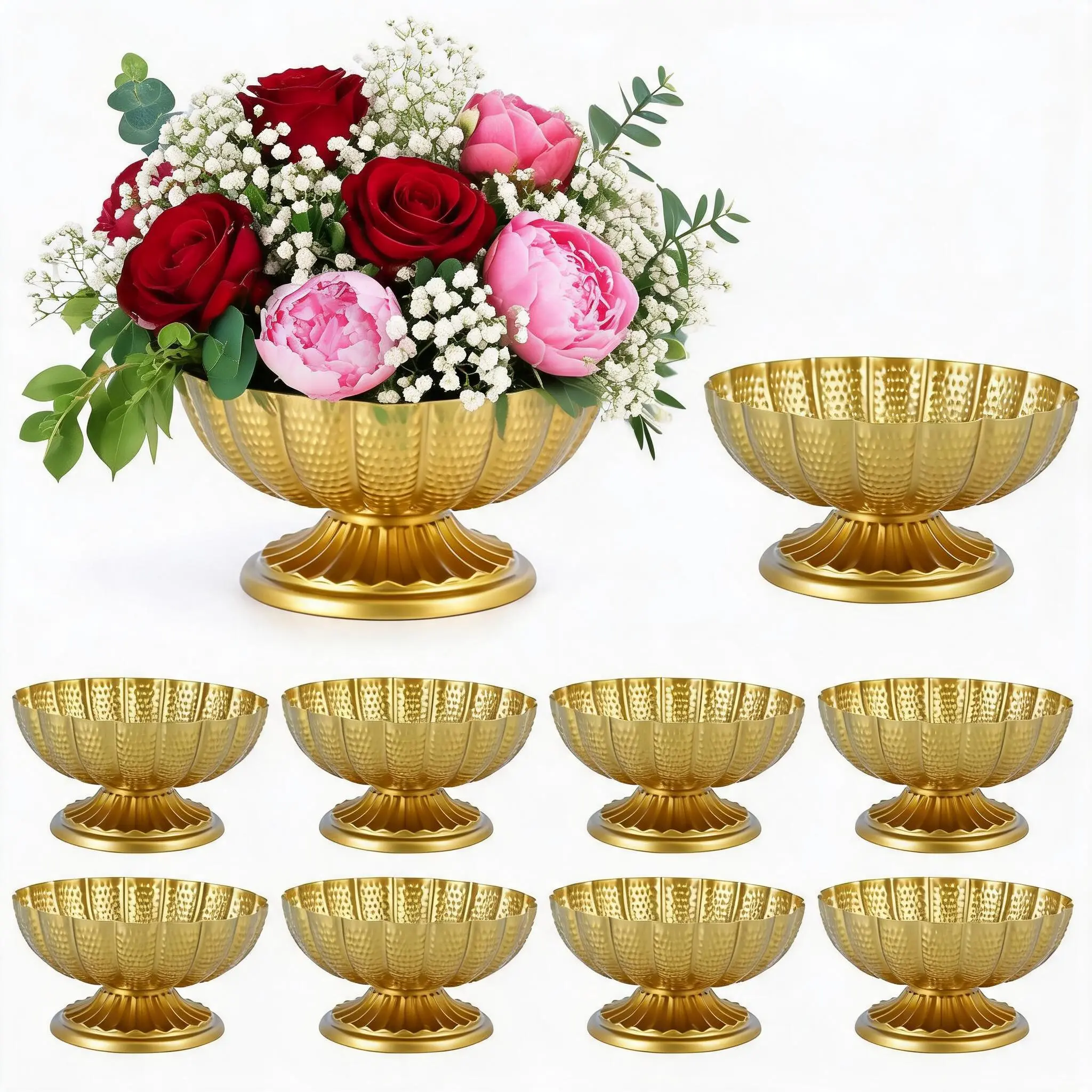 10pcs French Gold Wedding Centerpieces Metal Compote Vases Small Flower Pedestal Urns for Reception Table Decor Party Floral Arrangement Bulk Set