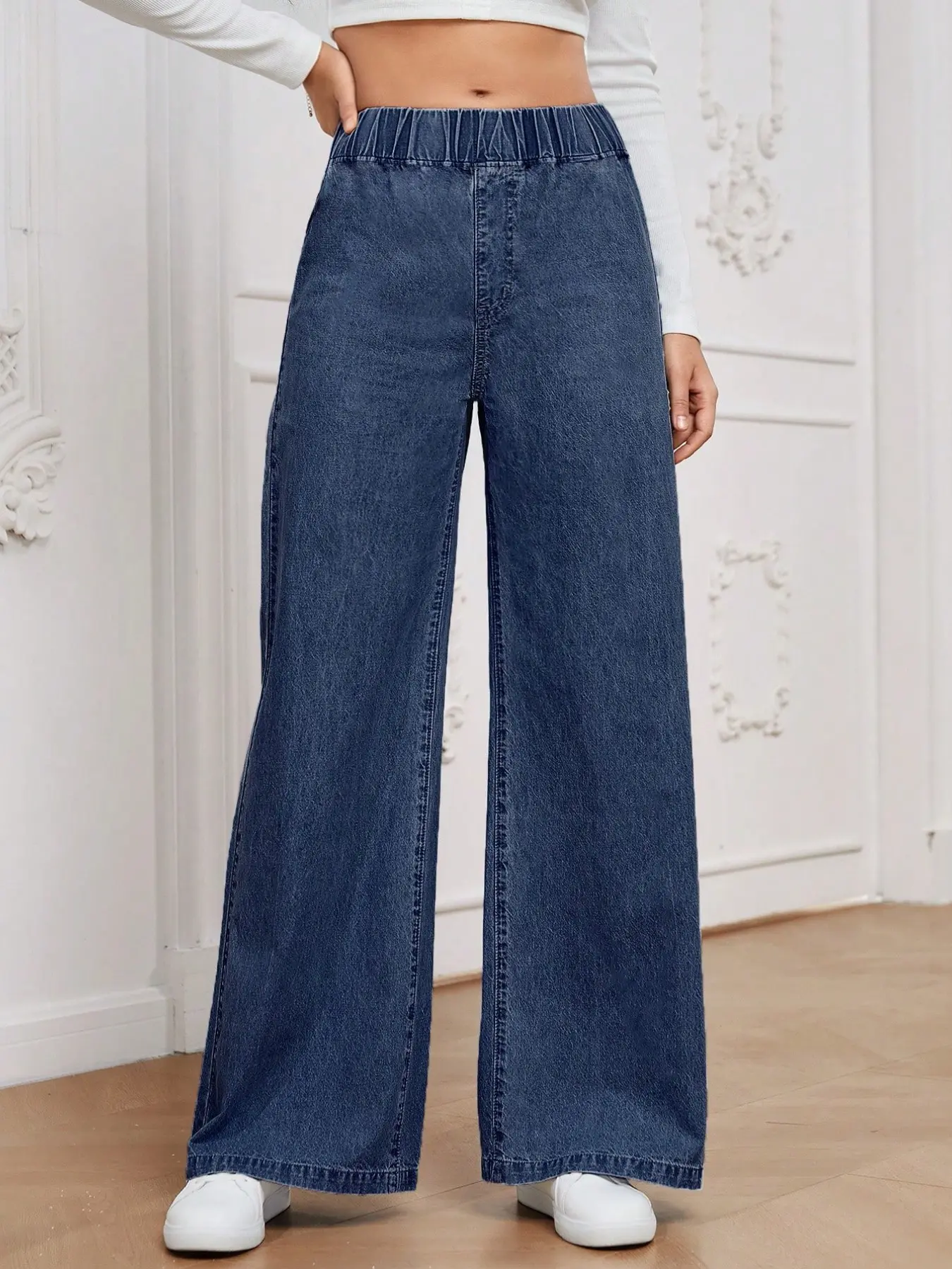 Women's Deep Blue Woven Lightweight Jeans, Loose High Waist Wide Leg Casual Style, Comfortable Daily Wear, All Seasons Pants