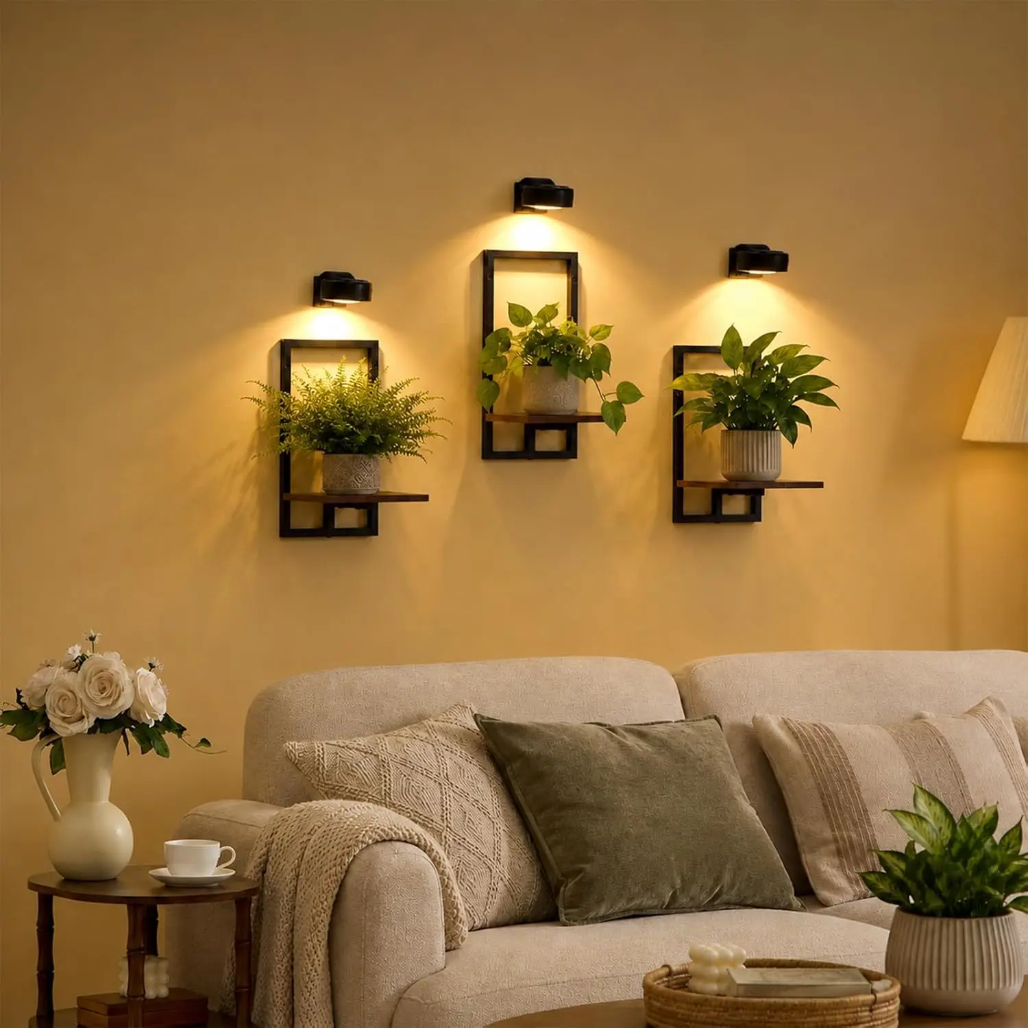 Wall Planters with Grow Lights, Set of 3 Floating Shelves for Indoor Plants, Bedroom, Living Room, Kitchen, Bathroom Decor, Rustic Brown (3, Rustic Brown), Apartment Bathroom Decor, Aesthetic Bathroom Decor