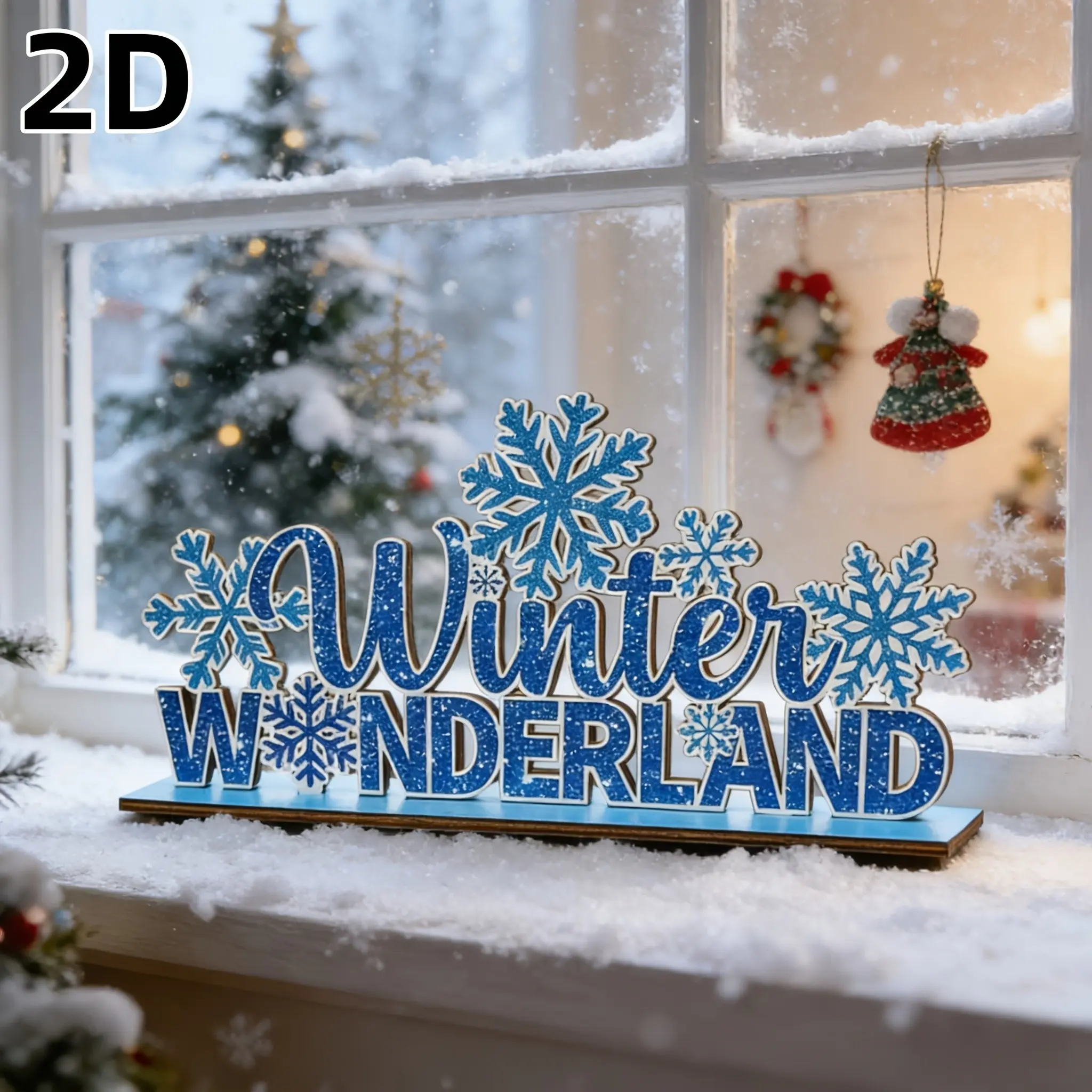 Winter Wonderland Wooden Centerpiece, Blue Snowflake Desktop Decor, Festive Holiday Ornament, Christmas Party Home Decoration