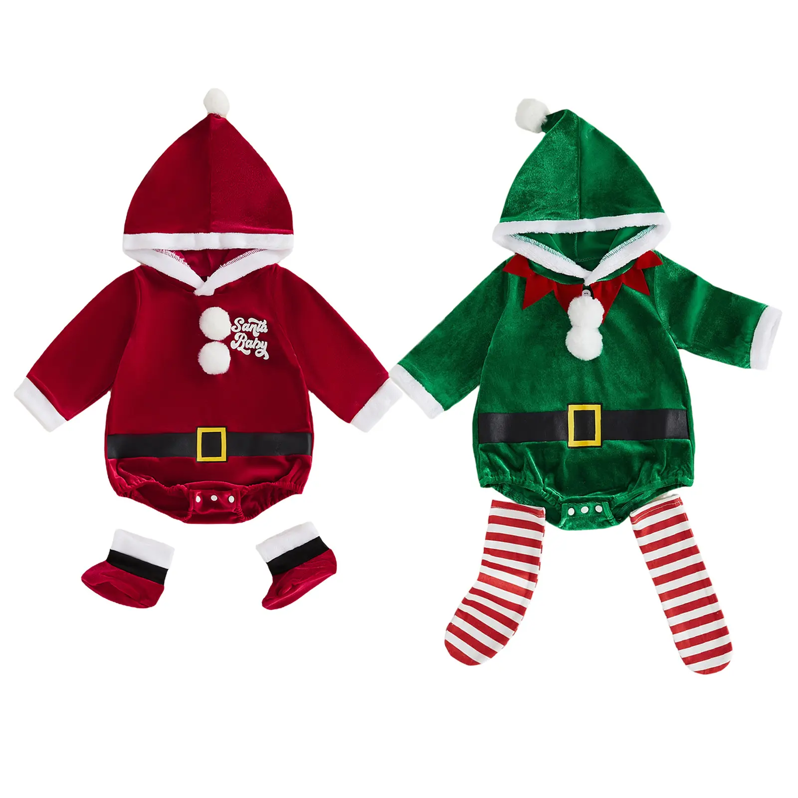 Infant Baby Boy Girl Christmas Santa Claus Costume Long Sleeve Hooded Romper with Socks Set Fall Winter 0-18 Months