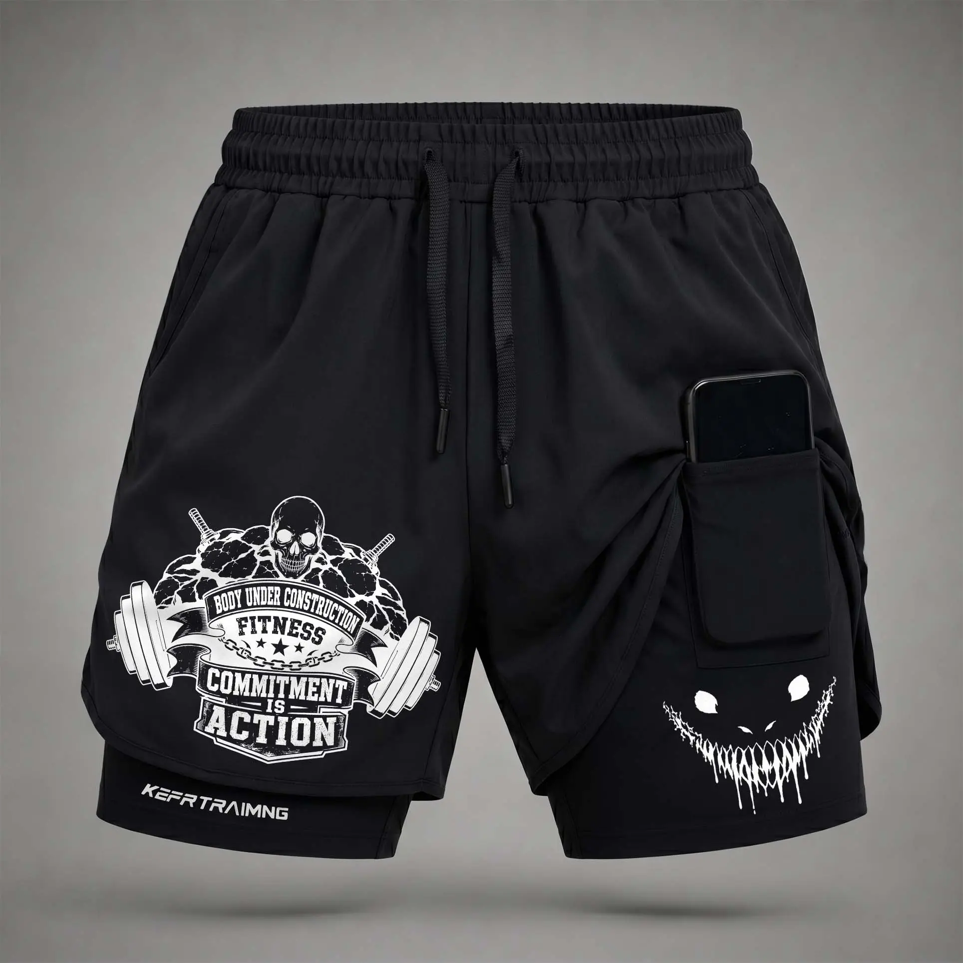 Men’s" White Skull And Barbell Graphic Print 2-in-1 Athletic Shorts, Built-in Compression Liner, Secure Inner Phone Pocket, Elastic Drawstring Waist, Quick-Dry Gym Running Training Shorts for Summer Daily Wear