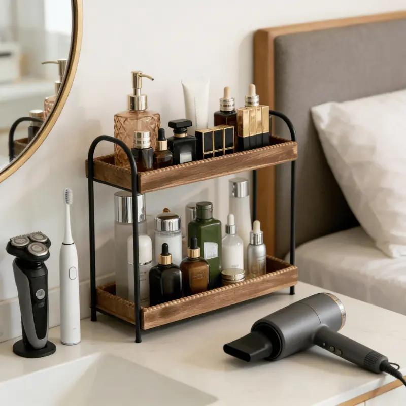 1pc Wood Metal Desktop Shelf Double Layer Makeup Organizer Bathroom Kitchen Multi - Tier Cosmetic Storage Rack