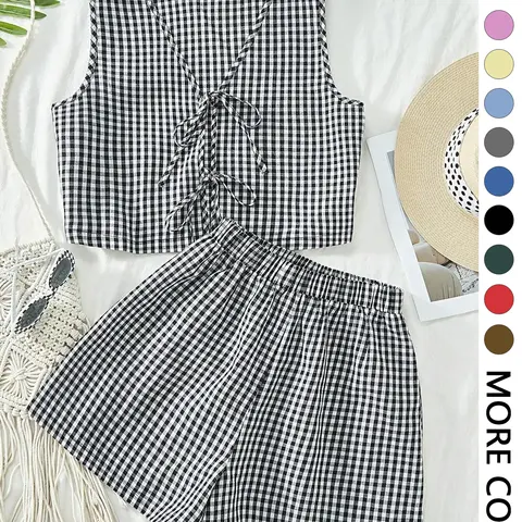 2-piece plaid striped sleeveless crop top vest and high-waisted loose shorts women's casual suit Fashion Style Sets